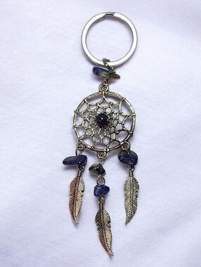 Silver Dreamcatcher Keychain with Deep Blue Lapis Lazuli Stone Accents